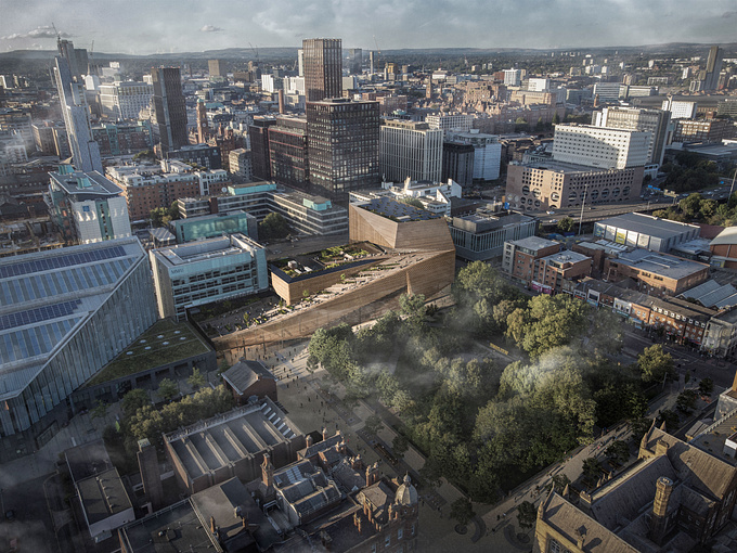 Aerial view showing building and landscaping in the mist at dawn