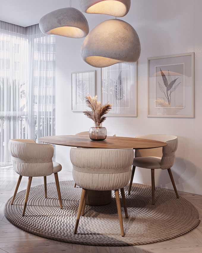 Apartment interior design creating cozy atmosphere. The circular knitted rug and the Khmara lamp translate an environment with personality.