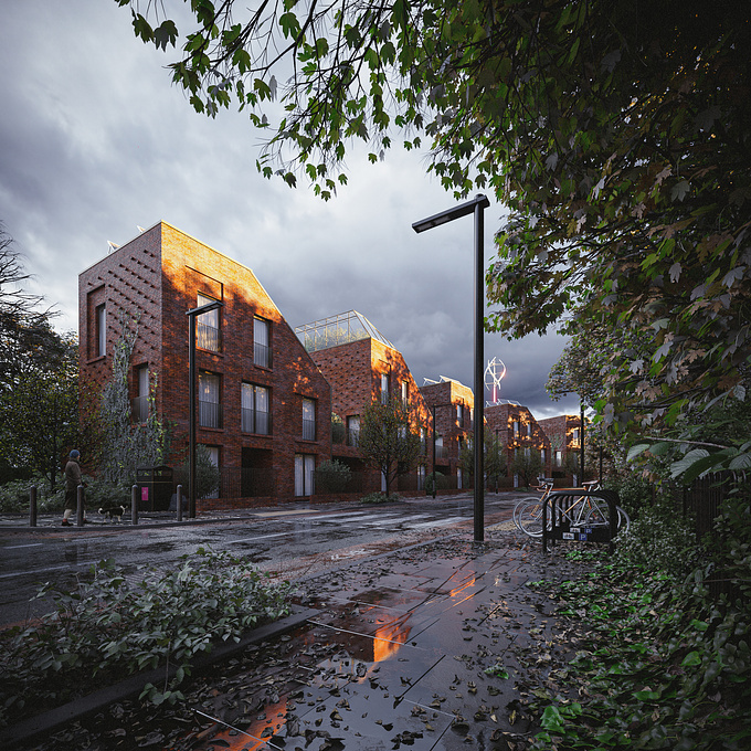 This was a practice to develop a workflow for creating bricks. I have ended up creating them in 3D and scattering with forest pack. The architecture is based on Dujardin Mews designed by MacCreanor-Lavington and Karakusevic-Carson Architects.