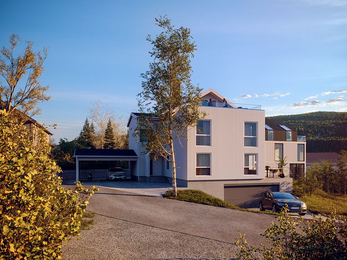 The visualization of an interesting project of the duplex reconstruction in Norway. The architect's task was to preserve the existing residential buildings and at the same time make them organic among the new modern buildings. Thanks to the white facade panels and the black steel roof, the overall image of the house is perceived harmoniously. Such details as the roof terrace, the original roof windows, different levels of the house give a special style to this residential building.