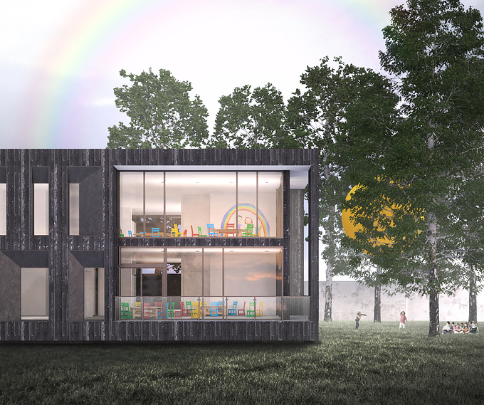 Exterior rendering of a kindergarten. 3ds Max, Vray and Photoshop