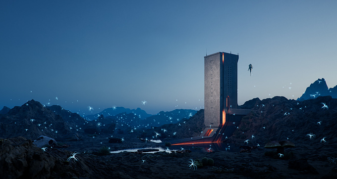 This artwork tells the story of the success of a space crew in mining resources, making their hopes begin to come true. This is depicted by fireflies emerging from around the building.