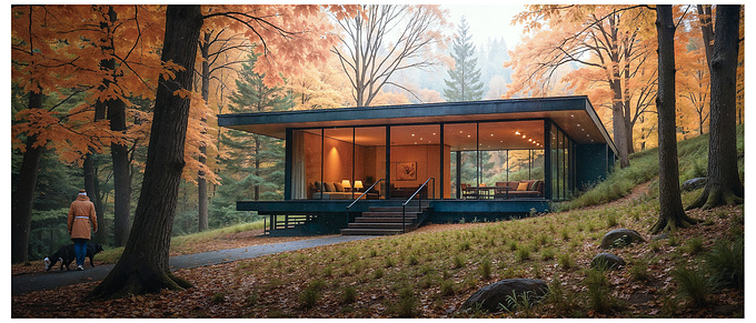 This project is all about the new collection of aluminium stylish doors from the global developer Origin showcasing their fabulous sliding doors in a mystic and foggy environment. The desighn of the house was inspired by the famous architecture of Mies van der Rohe, nestled in a peaceful autumn forest. The surrounding trees display a vibrant mix of warm orange, yellow, and green hues, blending seamlessly with the minimalist design of the house. Soft, natural light filters through the glass walls, highlighting the clean lines and open spaces inside. The interior glows with warm, ambient lighting that contrasts with the cooler tones of the forest outside. Captured in a style that evokes a sense of calm and serenity, the scene reflects a deep connection between nature and architecture. I tried to mimic a Canon K35 Prime Lens with a cinematic feel, evoking raw, timeless beauty.