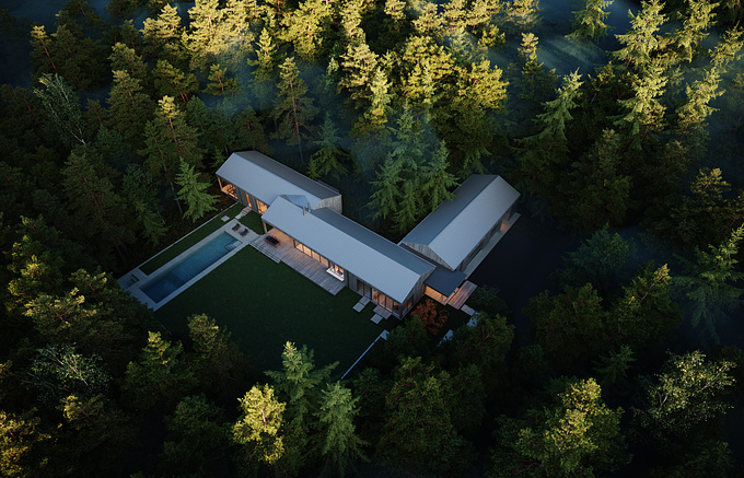 Situated in a lightwell in the trees of a densely wooded Pacific Northwest Site, the Cascade project is a modern series of gables set against the wild landscape.  Lush, dark greens make the silver cladding of the house pop. 

Client: Heliotrope Architects