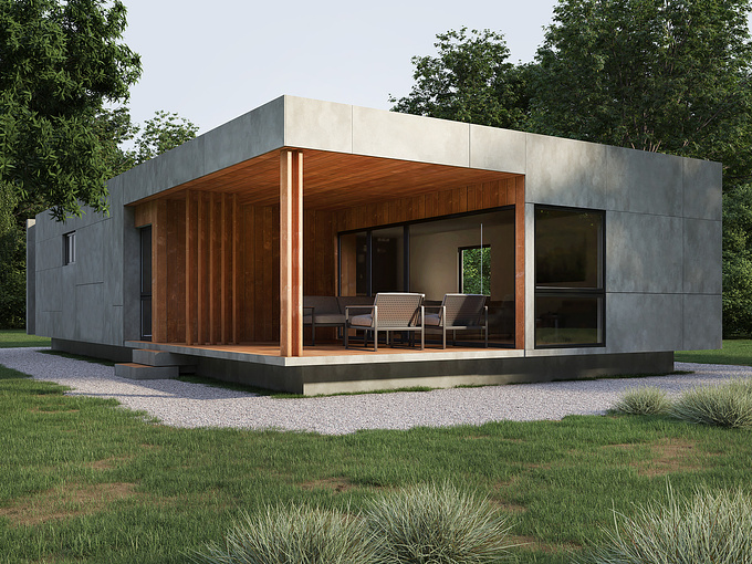 Architectural rendering of a contemporary 3 bedroom house with a subtle combination of concrete and wood. 