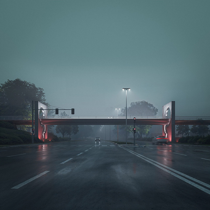 To provide a pedestrian connection between two green areas in the city of Augsburg, Germany, Studio Bruch Architecture created a minimalistic bridge design that could also allow huge trucks to occasionally pass under. The extra space needed for the large vehicles is created by the exposed gear mechanism which flips the bridge over. In bringing out the cyberpunk style our client was inspired by, we emphasized the gear system of the bridge through futuristic lighting techniques against a rainy nighttime environment. 