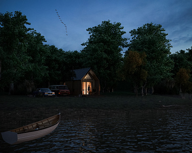 night rendering of a country cabin 