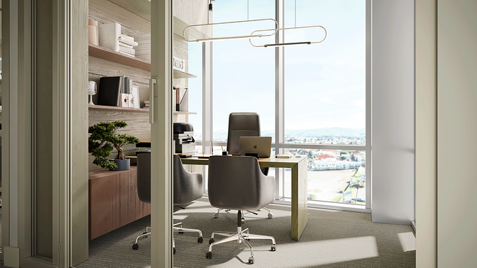 Visualization of a minimalist office in Paseo Central, Chihuahua. 