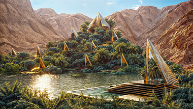 Visualization of an oasis in the middle of the desert