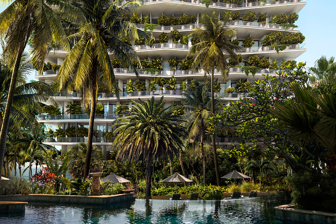 The hotel is located amidst lush tropical greenery and towering palms. The balconies of the building are adorned with an array of potted plants, adding a touch of natural beauty. In front of the building lies a small oasis with seating areas, providing a peaceful retreat for guests to relax and unwind. The multi-tiered clear white concrete facade still blending seamlessly with the natural surroundings. The balconies of the hotel are another standout feature of the facade, with each one adorned with an array of potted plants and flowers. But perhaps the most breathtaking feature of the hotel is the stunning view of the sea that lies just behind it. Whether you're lounging on your balcony or taking a dip in the pool, the sparkling blue waters of the ocean are never far from sight. All in all, the hotel is a true oasis of tranquility and natural beauty, offering guests a luxurious and unforgettable experience.