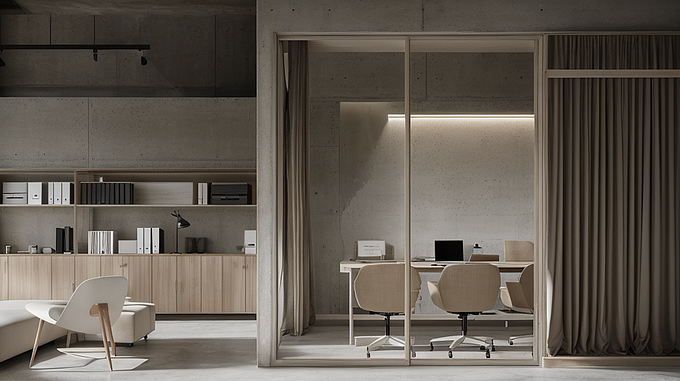 Visualization of a minimalist office in Paseo Central, Chihuahua. 