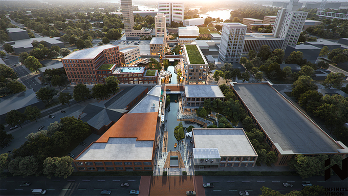City of Beaumont may build a modern bustling “riverwalk”，Designed by SWA Group， INV CG provided the renderings.