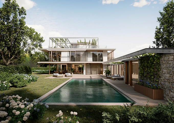 In this project, we were not only commissioned to visualize an architectural project but also to design a villa with the goal of selling the property for this purpose.

The villa's design was created in Rhino in close collaboration with our client. Subsequently, we modeled the building in 3ds Max, where we refined characteristic details to give the object a more vibrant appearance.

The furnishing was chosen in close consultation with our client and was largely modeled by ourselves.

The visualization was carried out using Corona Render, with post-production in Photoshop.