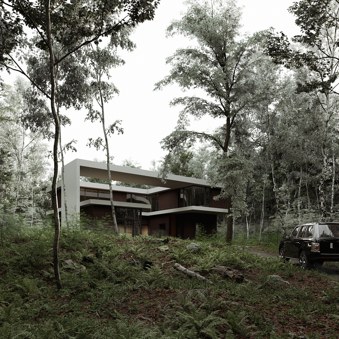 A modern house lost in the woods