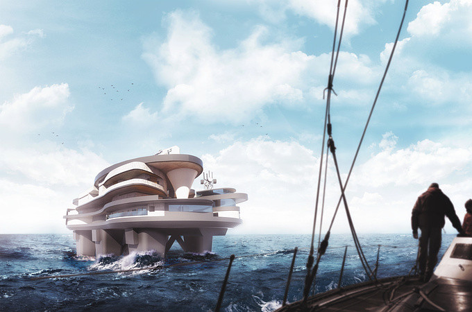 We designed this floating research base for our graduate project, and it's designed for the researchers working on sea for better platform and living environment, it's sustainable and re-used abanddoned oil rig platform's structure, Keeping the researchers safe and comfortable at work.