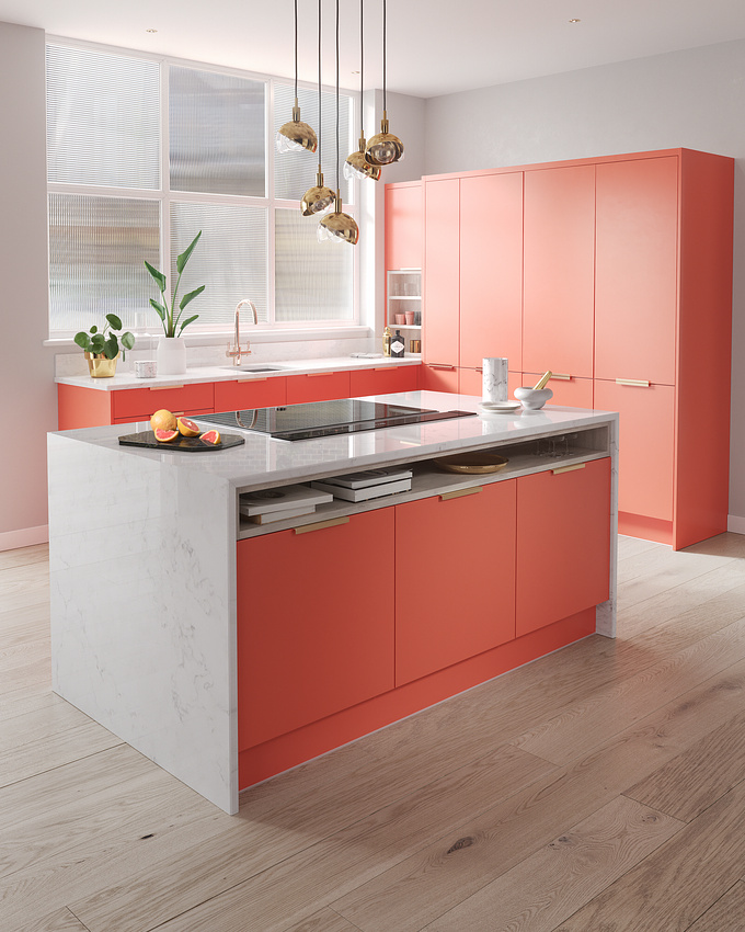 Clever use of colour can be the making of a design. Here we've drawn inspiration from Pantone's colour of the year, Living Coral, and used it to create a vibrant, eye-catching kitchen layout, from an otherwise unassuming layout.

