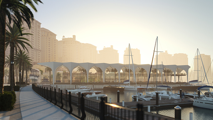 Early morning at the marina 🌅⚓🛥. One of design alternatives for the new Corinthia Yacht Club at @thepearlqatar designed by creative team at AE7 architecture and planning