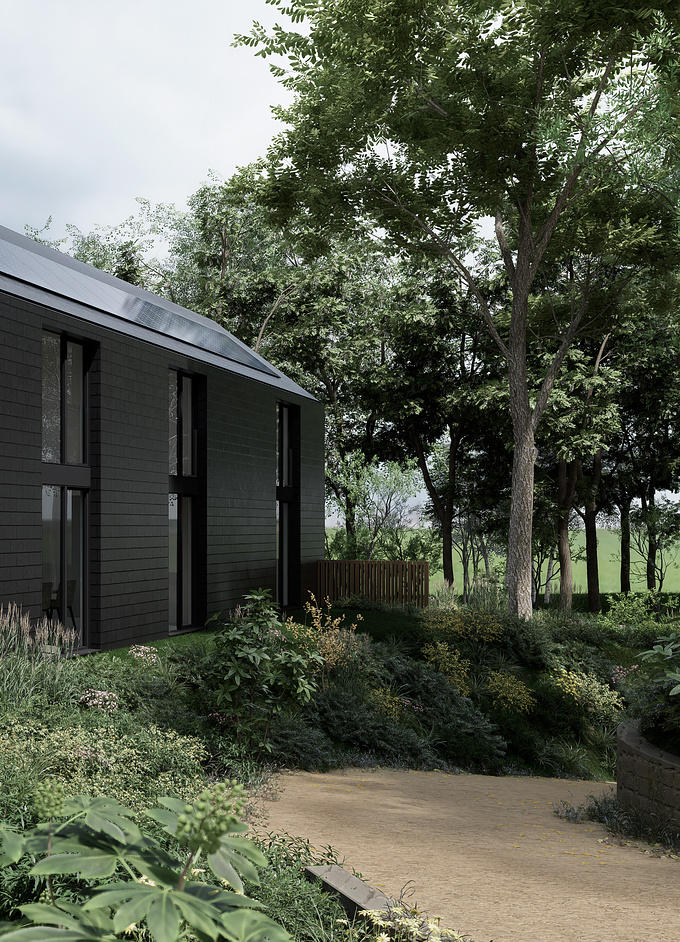 Interesting collaboration with a Belgian architectural office for the realization
of several 3d perspectives for a single-family house.
The main volume of the house is covered with natural anthracite-colored slate cladding, while the lower volume is covered with openwork wood. An elegant combination of materials that brings an original touch to this project.
The house is located in a quiet and green setting surrounded by large trees.
A natural swimming pool develops parallel to the main volume.