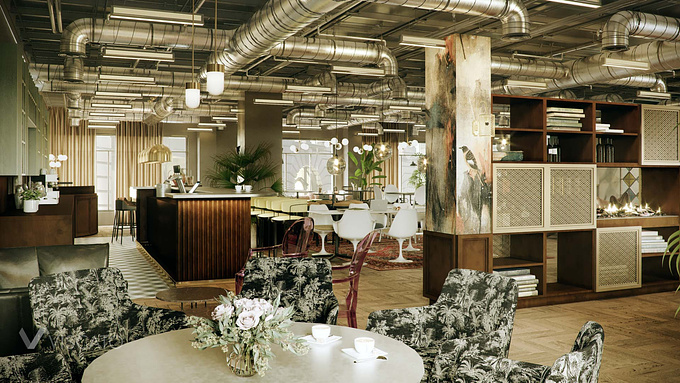 Viscato
The project represents the idea of dining and bar area.

Availability of dining area and bar makes it possible to change the environment. For employees there is an opportunity to communicate in semi-informal atmosphere. For CEOs- the chance to impress potential partners or counterparties. 3D artists underlined different kinds of furniture, carpets, greens, light solutions, which in combination create uniquely styled room with an admirable impression. Colors combination makes us to relax, but at the same time be considerable and stay in workable state. Besides the design, the realization emphasizes the functionality of items and its placement around the room. For instance, the availability of cupboard with books in the central part. 

We strongly believe that 3D visualization of such placements is very important for all the organizations which care about the image they project to external environment. This is something that will be always in demand.