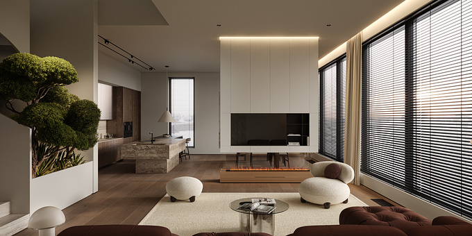 Penthouse project in Vienna, Austria Used materials: Travertine stone, oak wood, and plaster for walls. Minimal design with color and geometry accents on the wall and furniture. 