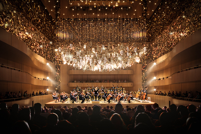 The philharmonic interior space is grand and opulent, with a gold ceiling and wood panels that exude a sense of luxury and elegance. The ceiling is adorned with intricate gold designs that catch the light and shimmer, creating a warm and inviting atmosphere. The wood panels are polished to a high shine, adding to the overall sense of grandeur. In the center of the space, there is a large stage that serves as the focal point of the room. The stage is adorned with elaborate sets and props. Here the performers bring their talents to life in front of a captivated audience, and the music fills the space with a sense of magic and wonder. Above the stage, there is a brilliant chandelier that hangs from the ceiling. The chandelier is made of crystal and is intricately designed, with multiple tiers of sparkling lights that illuminate the space below. The chandelier adds to the overall sense of grandeur and elegance, and is a stunning centerpiece of the philharmonic interior.