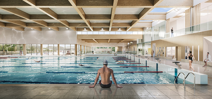 The aquatic center at Parc des Sports de Marville in La Courneuve stands out for its fluid lines and striking presence, equipped with cutting-edge facilities for swimming and water polo during the 2024 Olympic Games in Paris, as well as vibrant leisure spaces. Beyond sports, it symbolizes modernity, inclusivity and well-being for its entire community.