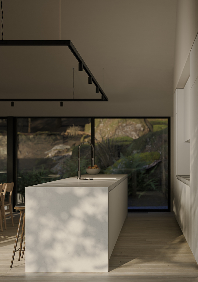 Ledge House Kitchen - The Heart of Modern Living

The kitchen in the Ledge House is a masterpiece of modern design and functionality, serving as the culinary hub of the home. Situated within the open-plan layout, it seamlessly integrates with the dining and living areas, making it perfect for both everyday use and entertaining guests. The kitchen is bathed in natural light, with large windows that not only offer stunning views but also create an airy and spacious environment.

Featuring a sleek, minimalist design, the kitchen is equipped with state-of-the-art appliances that blend seamlessly into the custom cabinetry. The use of high-quality materials, such as polished stone countertops and warm wood finishes, adds a touch of luxury while maintaining the home’s connection to nature. A central island provides additional workspace and doubles as a casual dining spot, making the kitchen as functional as it is beautiful.

Keywords: modern kitchen design, open-plan kitchen, minimalist kitchen, high-end appliances, natural light, stone countertops, wood finishes, central island, architectural visualization.