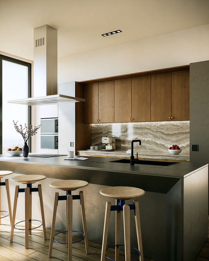 Design and 3D visualization of a modern open kitchen.