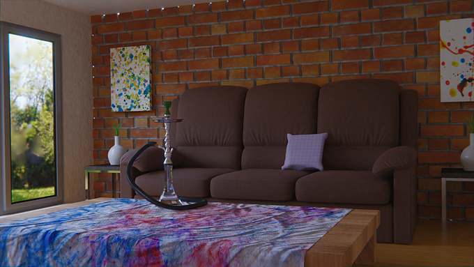 https://poker82.artstation.com/
Textures from Poliigon.com ; Textures.com and 3d-wolf.com 
Hookah model by arufolo from Blendswap ; Sofa and Sidetable models from Architecture Academy's starter pack. 
Using "Balcony" HDRI from HDRI Haven. 
Rendered in Blender Cycles with 500 samples and Denoising, minor post processing in Blender's Compositor and Krita.
Originaly posted on Artstation on 15\08\2017