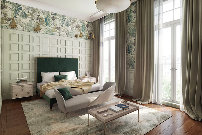 http://www.kolastudio.com
3d rendering of a stylish bedroom in a luxury apartment, designed by Aedas in contemporary classic style with high-end finishes and furniture.