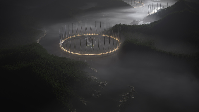 Moon Gate 001 - A circular structure that serves as a passage between two Worlds.
Located in the Northern fjords, this structure provides a spacecraft flight deck which generates energy with each take-off and landing.