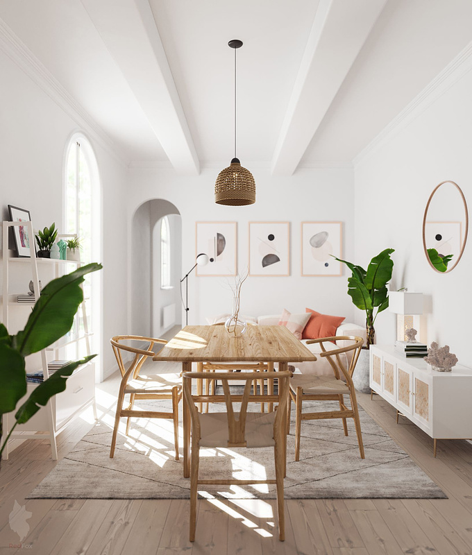 Home is Located on the Scandinavian area. white walls and wood floor are combined with wood chairs CH24 Hans Wagner and Furniture with light pastel color. Scandinavian such as wooden chairs, glass, Books and textiles.