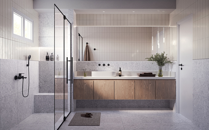 This visualization project features a modern bathroom design with a sophisticated palette of brown tones. The project includes two high-quality images that capture the elegance and functionality of the space.