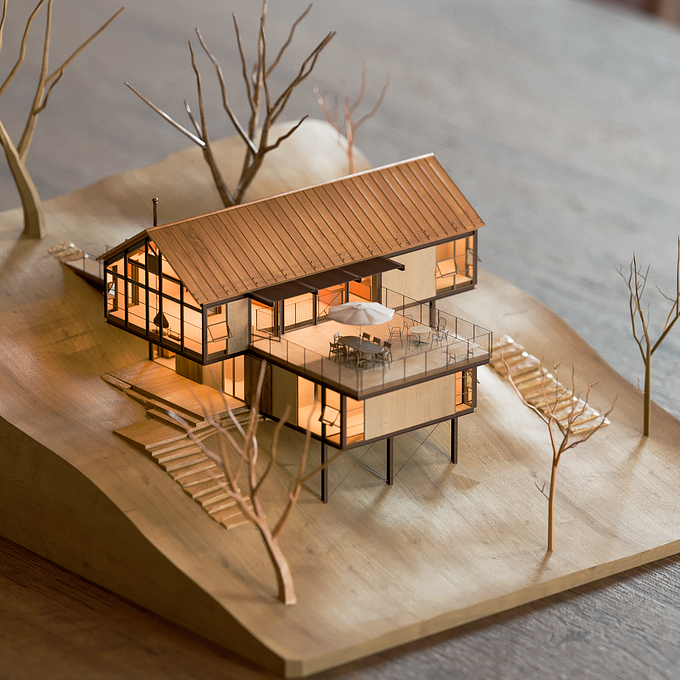 Rendering of a scale model made up of wood, using the "Sunshine Canyon House", model by Max Achkovsky.