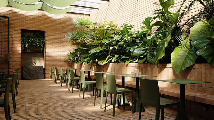 The Canteen is a communal dining space designed around an enclosed area. Surrounded by a busy city, the courtyard and indoor areas create a calm retreat for staff. The bricks and greenery where picked for their textural feel. The internal spaces are modelled to evoke gallery feels, providing a clean, white, calm space. 