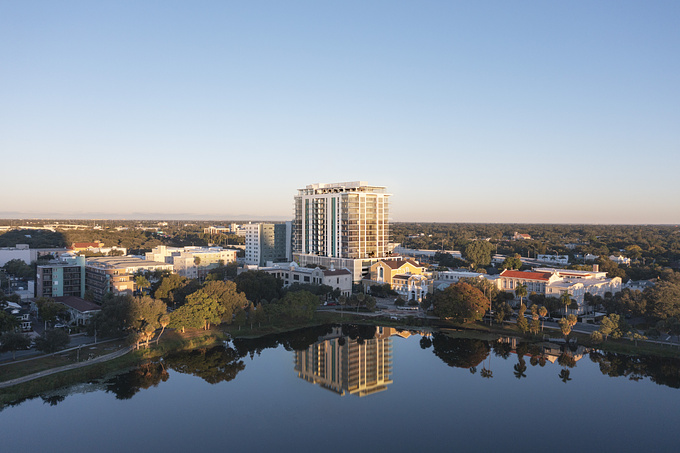 Situated one block back from Mirror Lake, Reflections was one of our first projects in Florida. We were brought on to create some high quality renders for a sales push a few months before the building was completed.

After reviewing the existing render set, we noticed an obvious omission: a drone shot with the building reflecting in Mirror Lake. This sublime image instantly became the hero for the marketing.