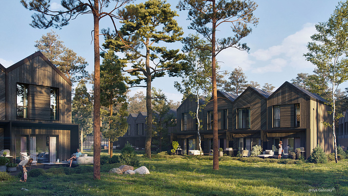 Visualisation of Townhouses in Neeme village (Estonia)
3D modelling, visualisation and 3D design by Ilya Galiinsky.
A joint project with Yellow Studio

Our task was to transmit the architects' concept of a modern village merging with nature. And become one with it.

BE|
https://www.behance.net/gallery/142212657/Neeme-forest-townhouses-3D
Instagram|
https://www.instagram.com/archgalinsky/

Software | 3ds Max, Corona Renderer 7, Adobe Photoshop CC, Itoo Forest Pack, Itoo RailClone Pro