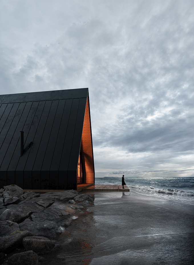 A bold A-frame cabin perched on a rugged coastline, blending sleek modern design with the raw beauty of nature. Warm light pours from its wood-clad interior, inviting serenity and adventure amidst dramatic skies and crashing waves