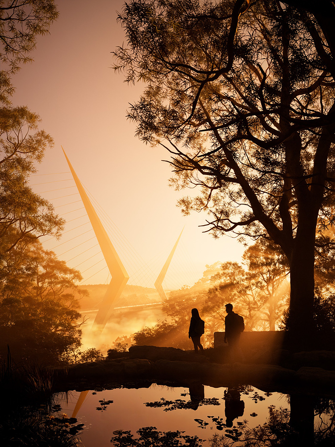 This series showcases a conceptual bridge design inspired by Santiago Calatrava's architectural language. The visualization explores the interplay of light and atmosphere through three distinct settings: an ethereal foggy ambiance, clear daylight and a dramatic sunset glow. Each image emphasizes the structural elegance and its harmonious integration with the surrounding natural landscape.