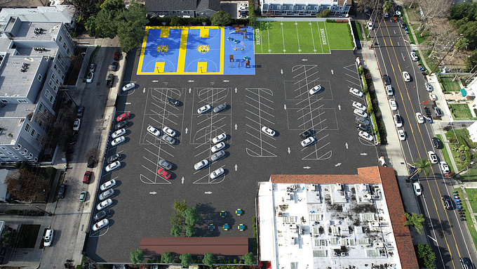 Overlay of new layout for parking and sports areas onto client photo. North Hollywood, CA