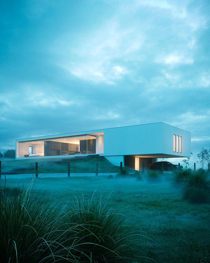 Creating 3D scenes goes beyond simply creating them. We need to show clients that, despite being a static 3D image, it contains a story, an atmosphere, and a feeling.

In this particular scene, we intended to express a bucolic feeling of a contemporary house, just before sunrise, with a mist that creates a subtle connection between the countryside and the blue sky.