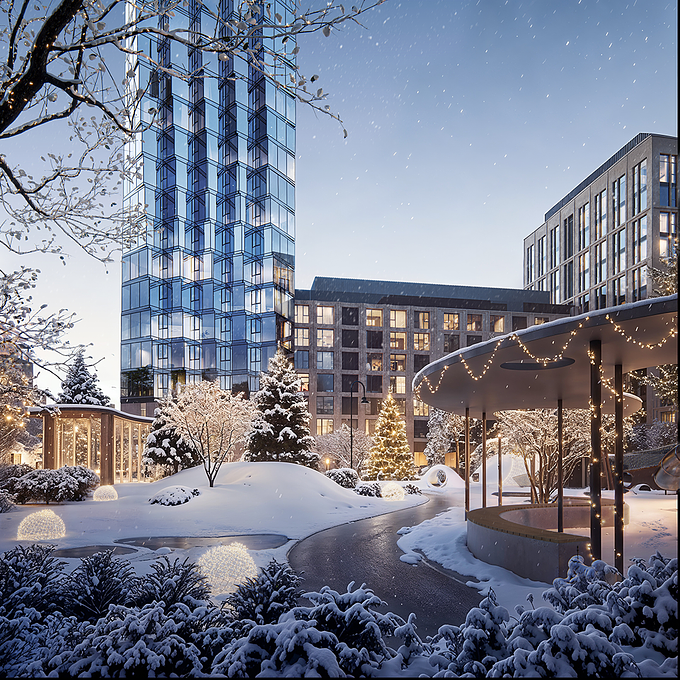 The courtyard of the Mont Blanc residential complex resembles a picturesque alpine valley.

Mail: hello@vis-on.studio