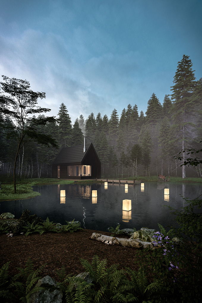 Forest cabin from the Evermotion collection, vegetation assets from Quixel Megascans, scatters with forest pack.