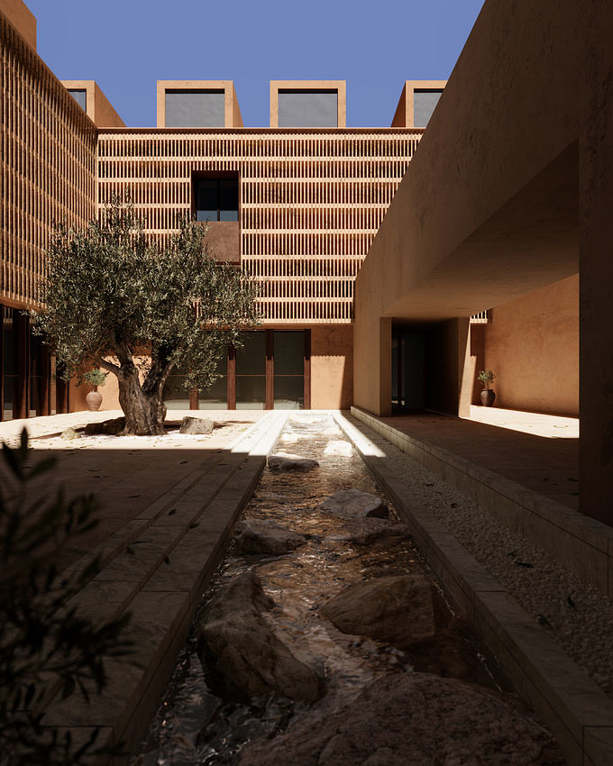 Inspired by the project "The House of Courtyards" in Dubai (designed by @studio_vdga) and from a beautiful photo by @emaphotographi, this project refers to the principles of "Vastu" (Indian architectural guidelines) which underline the importance of balancing the five natural elements (air, fire, earth, water, ether) to create a harmonious and balanced environment.

In this personal reinterpretation in Full 3D, I tried to enhance this harmony between humans, nature and architecture by emphasizing the "life" of the natural elements such as the flow of the internal stream and the movement of trees/plants, all combined with the effect of ambient sounds and accompanied by a piano arrangement interpreted by me, of the piece "Le onde" by "Ludovico Einaudi", one of my favorite pianists.

This latest addition also represents my desire that I have always had but never put into practice (until now), to combine together my two great passions: 3D and playing piano.

────────────
Modelling: 3DS Max
Rendering: Corona renderer
Stream simulation: PhoenixFD
Trees simulation: GrowFX
Post-production: After Effect
Piano arrangement (Einaudi): Vitaliano Fratto
────────────