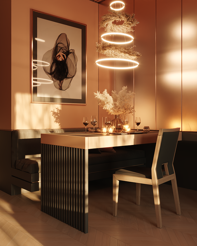 This was my version of the Moods Apartment scene, taught by @anderalencar in the Oficina 3D training course. The course proposes to students who make their 3D versions of this apartment project. In this work I sought to bring an all black theme, with this palette that mixes orange and black, along with luxurious and modern furniture. The scene has three moods: Golden Hour, Overcast and Night.