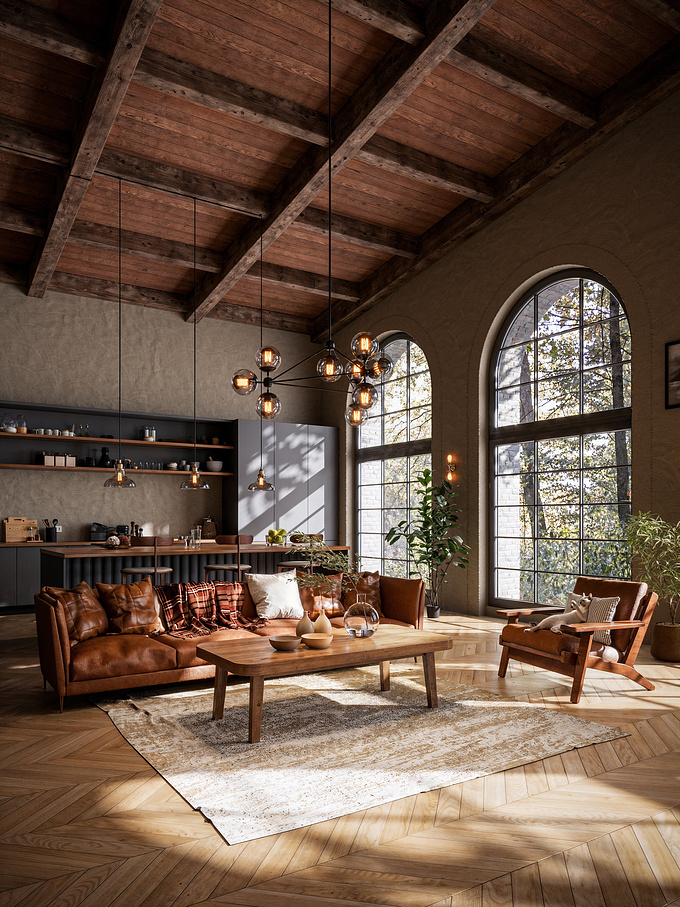 Conceptual design of a rustic interior in an old building located near a forest.