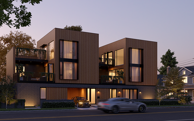 Slabtown 4 by Scott Edwards Architecture is a four-unit project for a multi-generational family Located in Northwest Portland. The original project can be found here https://www.seallp.com/work/houses/slabtown-4.

Inspiration for the form came straight from the area’s early history, with two wooden volumes, or stacks of slab wood, resting on top of a solid base. This solid base grounds the structure and provides a sense of security and privacy for its occupants.

I created these images as a means to develop myself as an Archviz Artist and Virtual photographer.

On the technical side of things, the scene was created in Sketchup, and rendered in V-Ray. I was able to model the beautiful structure from the ground up with images I found on the Archdaily blog
https://www.archdaily.com/981891/slabtown-4-scott-edwards-architecture?ad_medium=gallery