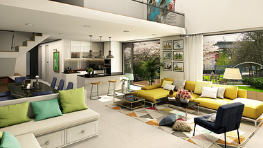 ​3d interior designers: living room, kitchen, 3D, animation, company, residential, house, interior, Modern, architectural, rendering, home