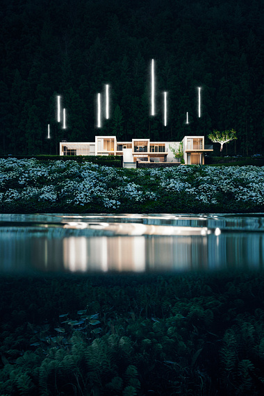 Villa in Azores: The house lighted with long-exposure light beams