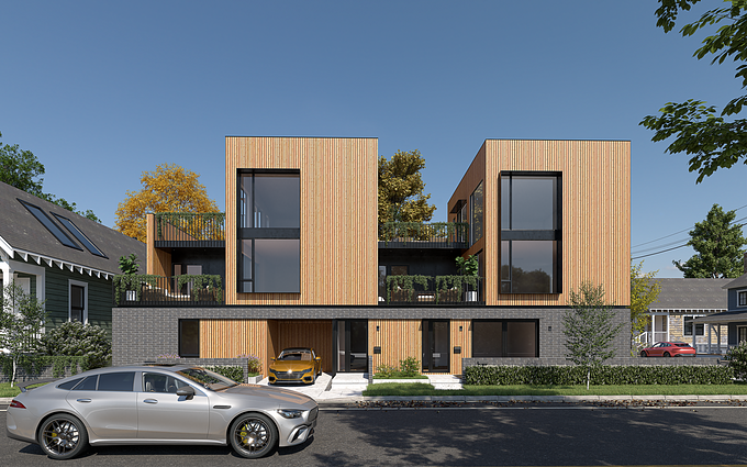 Slabtown 4 by Scott Edwards Architecture is a four-unit project for a multi-generational family Located in Northwest Portland. The original project can be found here https://www.seallp.com/work/houses/slabtown-4.

Inspiration for the form came straight from the area’s early history, with two wooden volumes, or stacks of slab wood, resting on top of a solid base. This solid base grounds the structure and provides a sense of security and privacy for its occupants.

I created these images as a means to develop myself as an Archviz Artist and Virtual photographer.

On the technical side of things, the scene was created in Sketchup, and rendered in V-Ray. I was able to model the beautiful structure from the ground up with images I found on the Archdaily blog
https://www.archdaily.com/981891/slabtown-4-scott-edwards-architecture?ad_medium=gallery